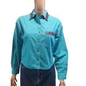 Vintage Nuovo Sz S Aztec Embellished Blue Cotton Cropped Button Up Shirt